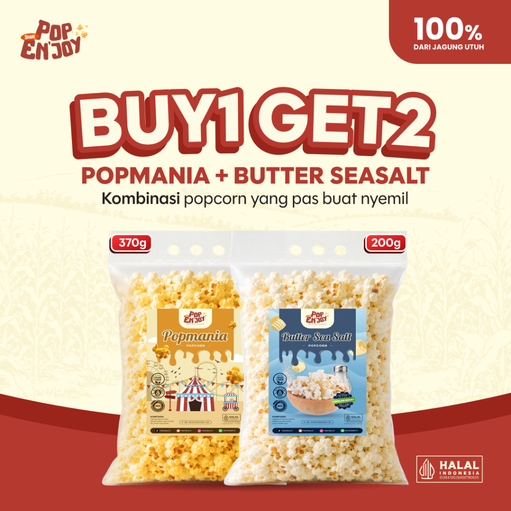 PopENjoy - [BUY 1 GET 2] POPCORN POPMANIA + BUTTER SEA SALT | Snack Ringan Camilan Manis Asin Butter