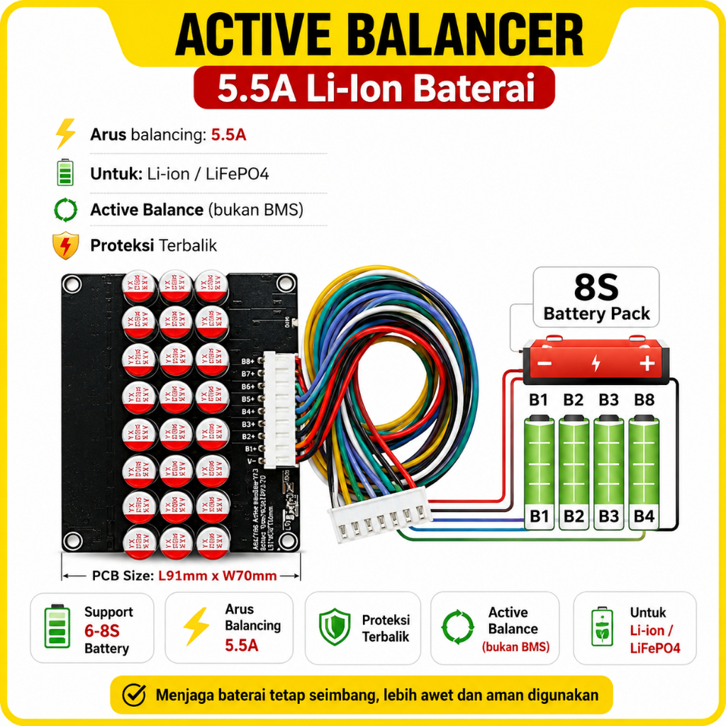 Active Balancer 5.5A 3S 4S 6S 7S 8S Li-ion LiFePO4 Penyeimbang Baterai Balancer Baterai