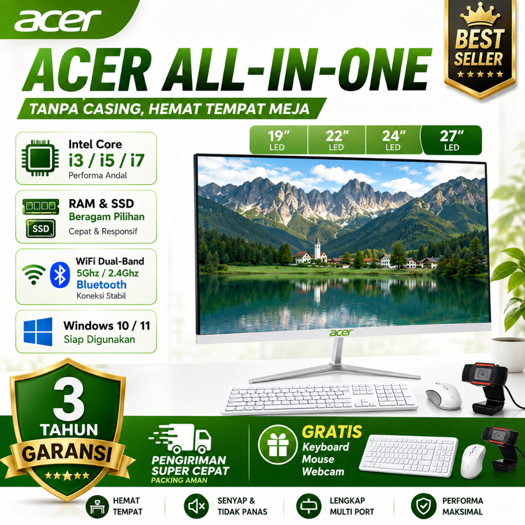 Tekno Pintar Acer All-in-one PC desktop kantor/gaming  baru i5/i7 Komputer Full set  19/22/24/27 inc