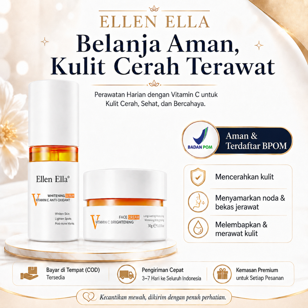 ELLEN ELLA Vitamin C Glowing Skincare Set 2pcs Vitamin C Serum 30ml + Mousturizer 30g Whitening