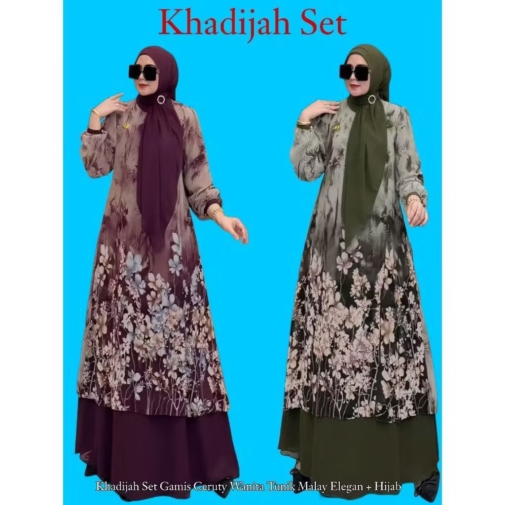 Khadijah Set Gamis Ceruty Wanita Tunik Malay Elegan + Hijab