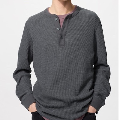 Uniqlo Waffle Henley T-Shirt Long Sleeve