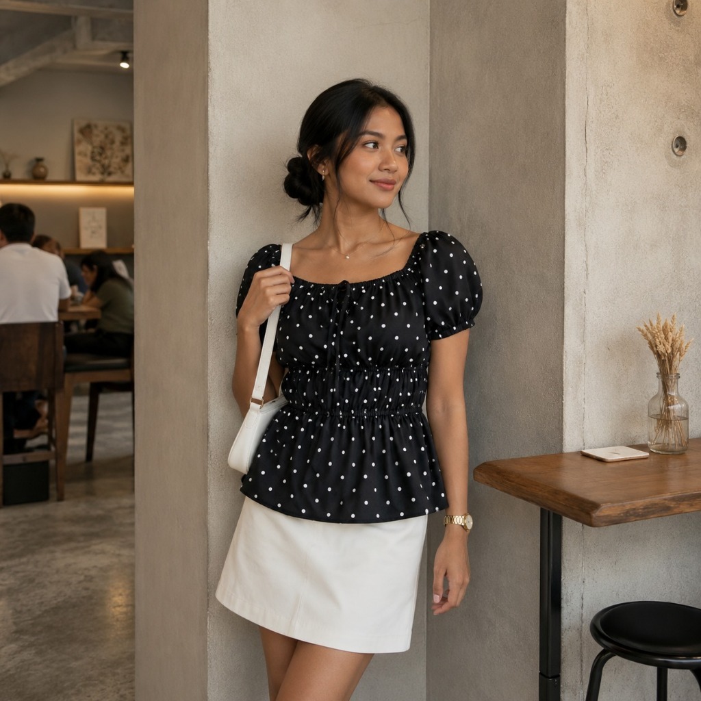 LENORE Tasya Wanita Blouse Wanita Polkadot Putih Hitam Lengan Pendek Puff Model 2140