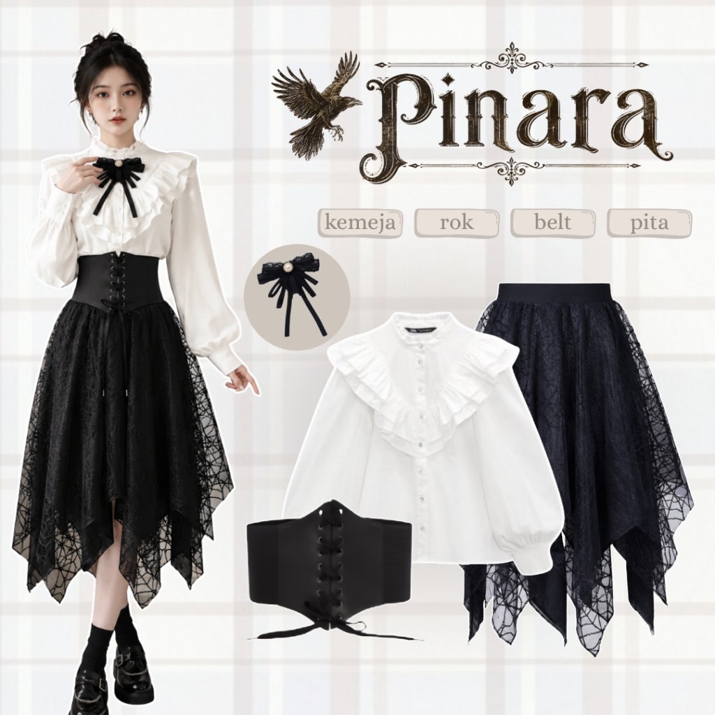Outfit Yearbook Cewek Blouse Rok Brukat Belt Vintage Pita Setelan Wanita Kekinian AM353N