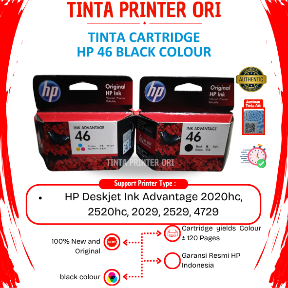 Tinta HP 46 Black/Colour | Cartridge HP 46 bk & cl Original Resmi For Printer Deskjet Ink Advantage 
