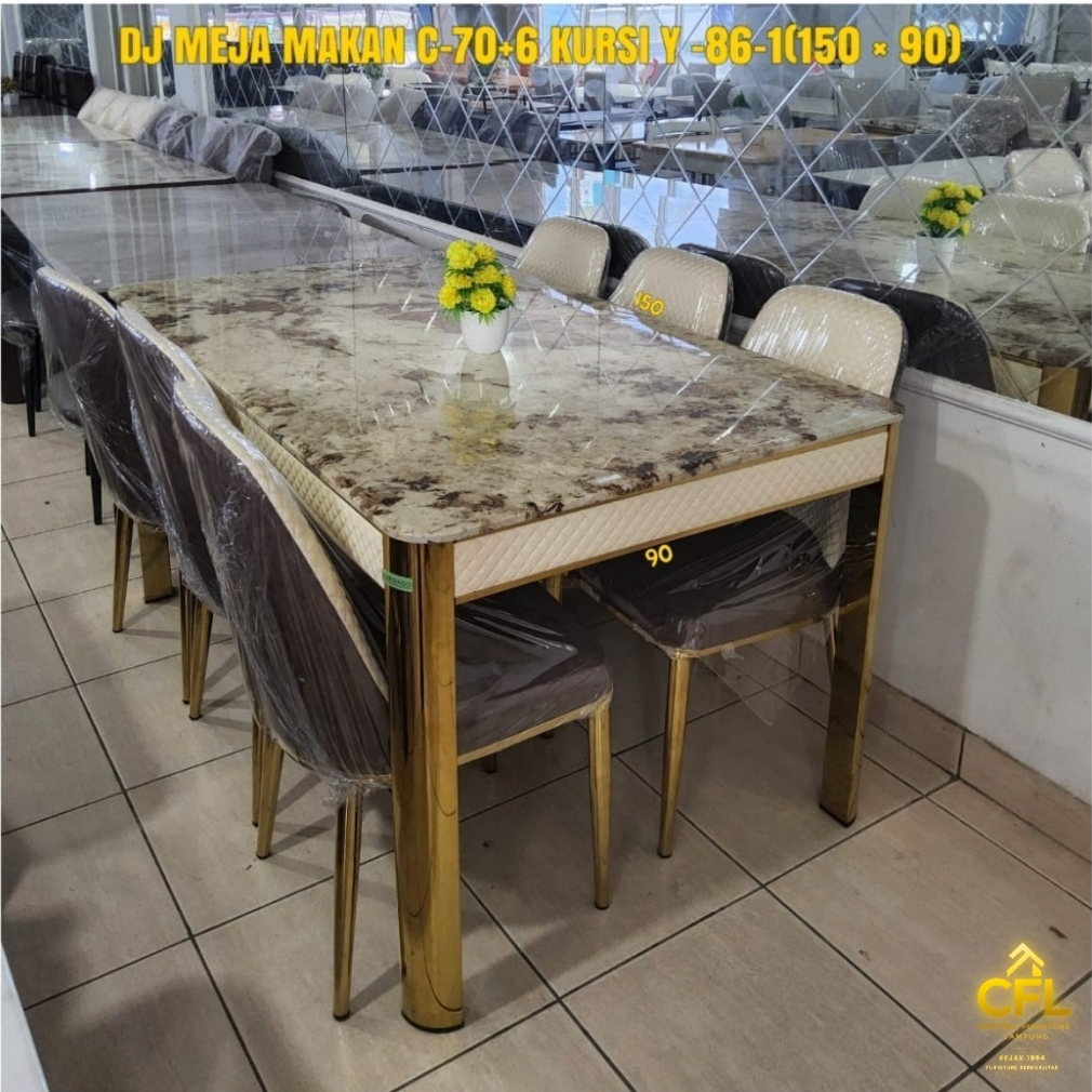 Meja Makan Marmer DJ C-70 150x90 Set 6 Kursi Y-86-1 Rangka Emas Gold Cream