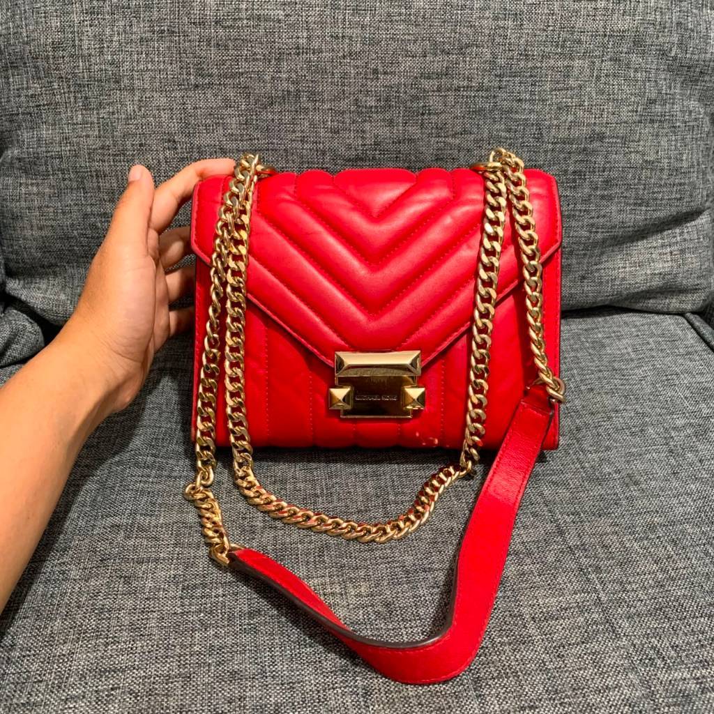 Preloved Tas Michael Kors Whitney Quilted Leather Shoulder Sling Red Authentic Original