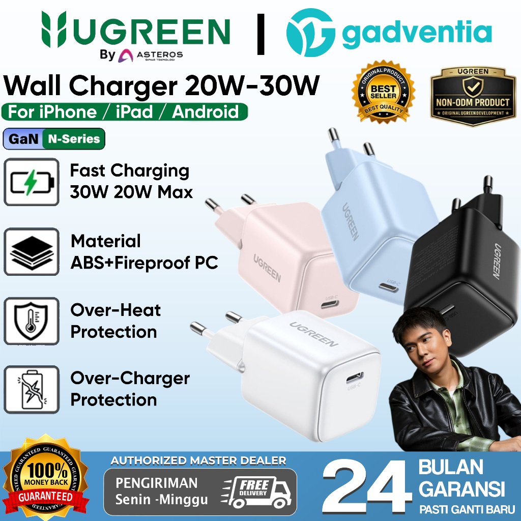 UGREEN Kepala Adaptor Charger 20W GaN-N PD Fast Charging Type C For iPhone iPad Samsung Android
