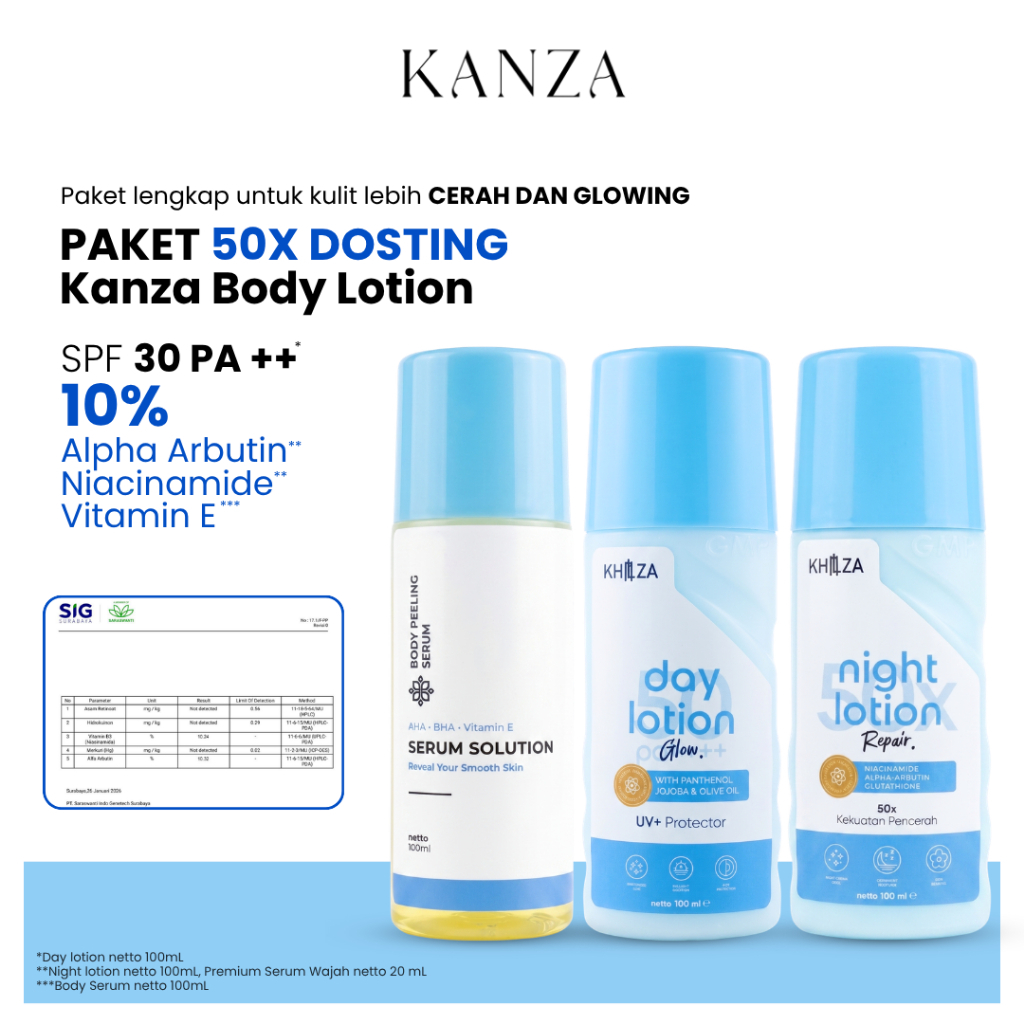Kanza Lotion 50x Dosting 10% Alpha Arbutin SPF 30 PA++ Paket HB Pemutih Premium BPOM | Kulit Cerah M