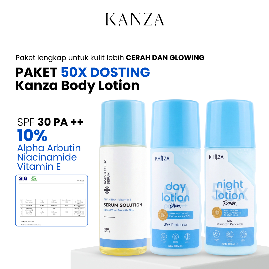 Kanza Lotion 50x Dosting 10% Alpha Arbutin SPF 30 PA++ Paket HB Pemutih Premium BPOM | Kulit Cerah M
