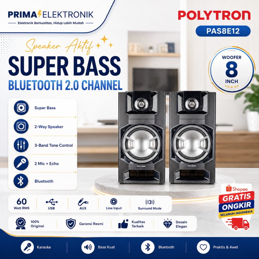 POLYTRON SPEAKER AKTIF PAS8E12/PAS 8E12/PAS-8E12/SPEAKER KARAOKE ORIGINAL POLYTRON/BERGARANSI