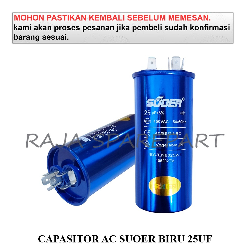 CAPASITOR AC MERK SUOER BIRU 25UF /CAPASITOR /C25S/ KAPASITOR 25UF