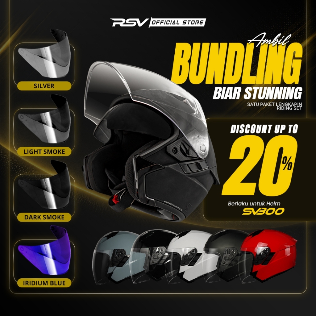 (Bundle) Helm RSV SV300 Series + Extra Visor Warna (Smoke/Iridium) – Half Face Unisex RSV Helmets