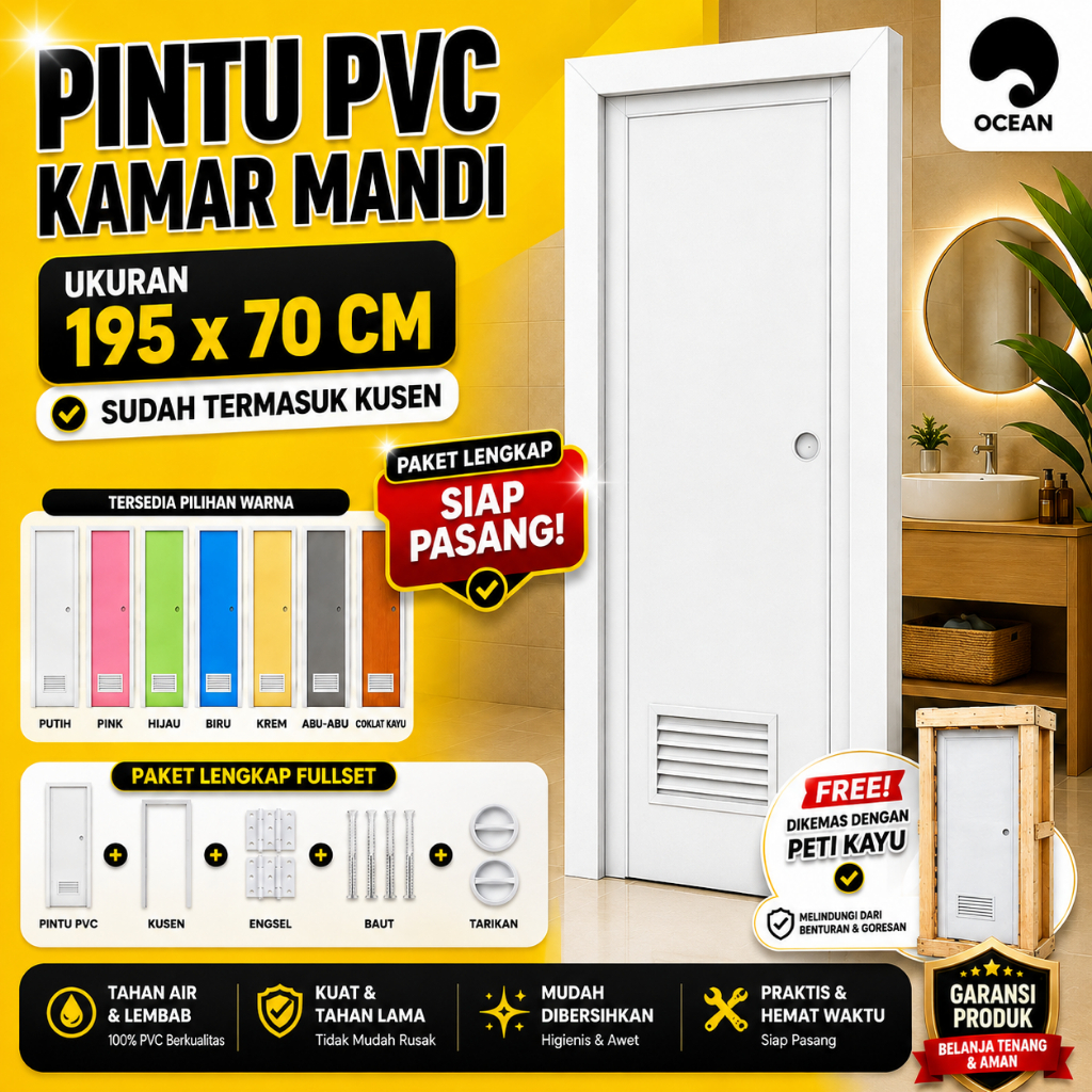 (FREE PETI KAYU) PINTU KAMAR MANDI FULL SET SIAP PASANG / PINTU PVC WARNA POLOS KOTAK GARIS | 1 SET 