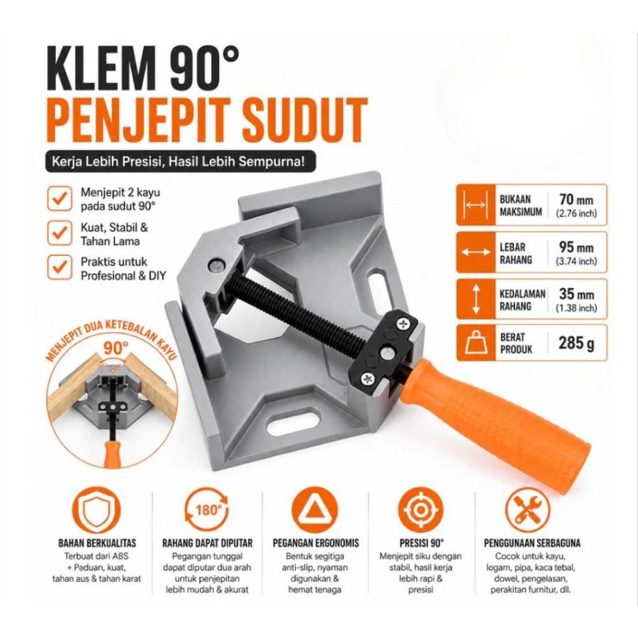 Klem Siku 90 Derajat Penjepit Sudut Kayu Corner Clamp Swing Jaw Catok Frame Kaca Pigura Bingkai Foto