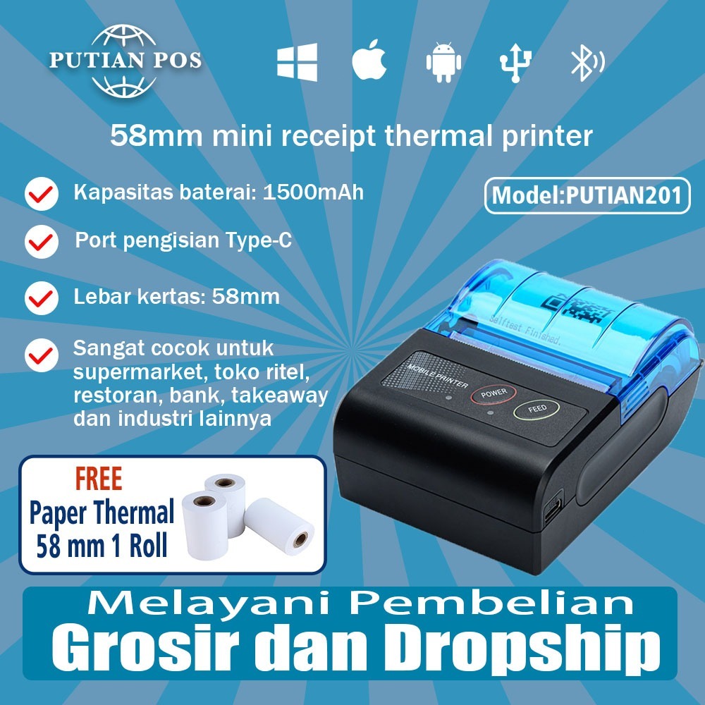 Printer Portabel 58mm  printer thermal bluetooth Mesin Cetak Kasir resi FREE 1*RoII  (dengan Baterai