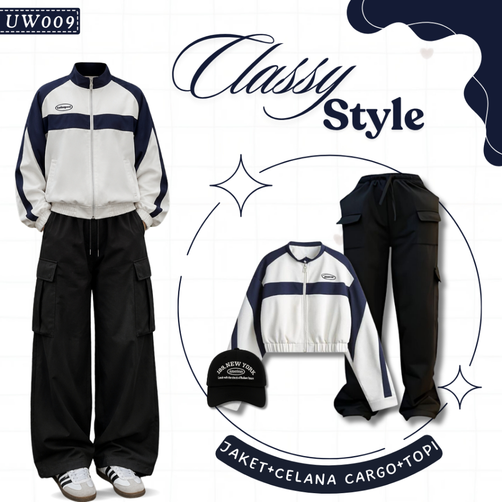 Outfit Cewek Kekinian_Jaket Fleece Cream Navy Resleting_Celana Cargo Hitam_Topi Drill Hitam_UW009