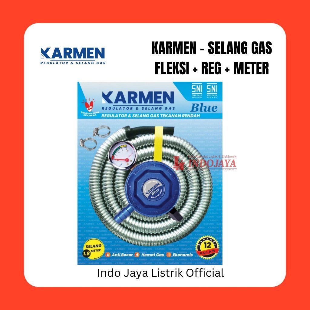 Selang Gas Fleksi Karmen Blue dengan Regulator dan Meter 1.8 Meter Anti Bocor