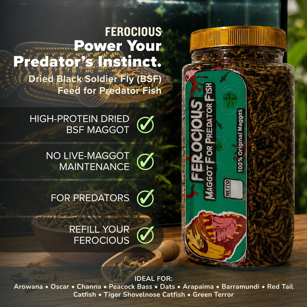Pakan Ikan Predator Ferocious Maggot Kering BSF 1 toples Channa Oscar Arapaima Datnoid Peacock Bass 