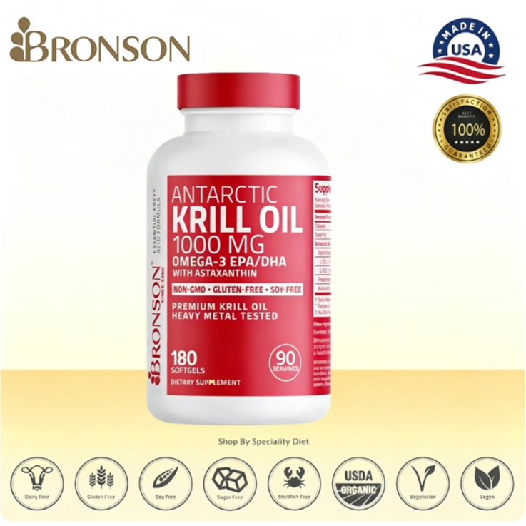 Bronson Antarctic Krill Oil 1000 mg Omega-3 EPA DHA with Astaxanthin 180 Softgels Suplemen Makanan