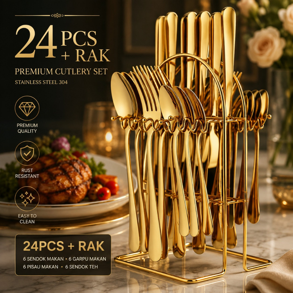 Kingsbakeware SENDOK STAINLESS GOLD SILVER ELEGAN / 6 SET ISI 24 PCS LENGKAP DENGAN RAK STAINLESS