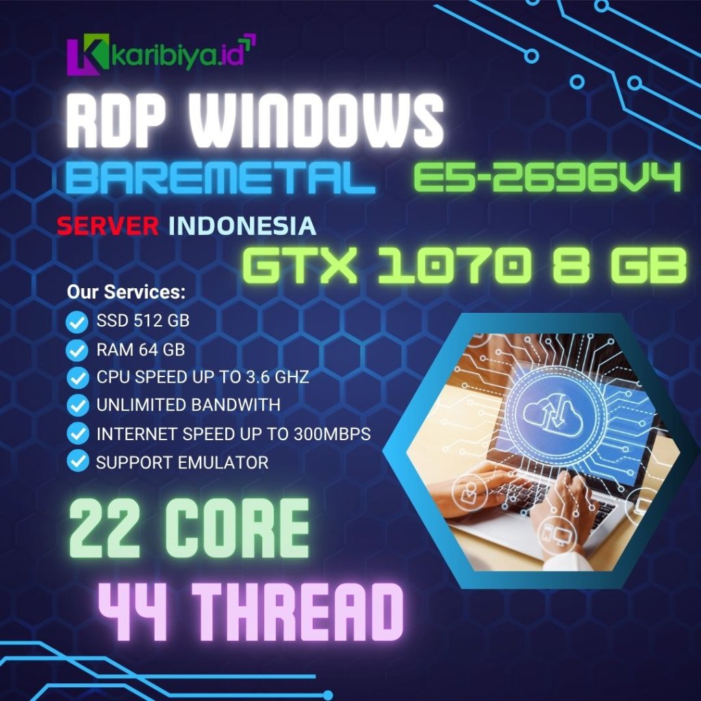 Bare Metal Server RDP Dedicated 22 Core  44 Thread 64GB RAM VGA GPU GTX 1070 OBS Emulator Android Yo