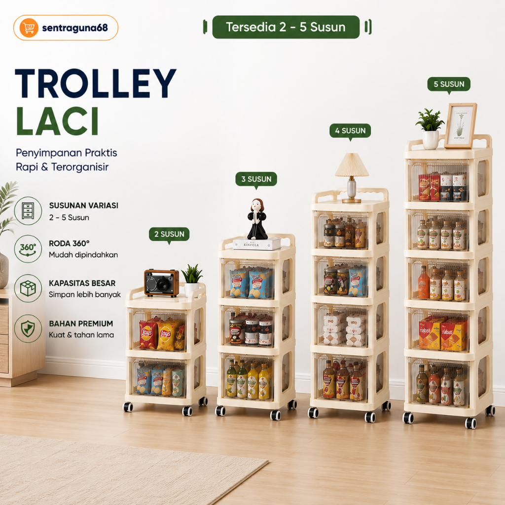 Rak Troli Susun Serbaguna Plastik Rak Trolley Dorong Laci Rak Anak Aesthetic Troli Dorong Baju Baby 