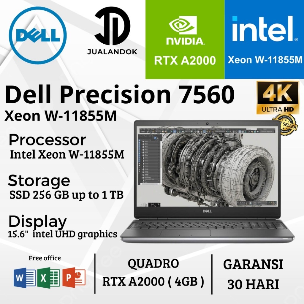 Laptop Dell Precision 7560 Xeon W-11855M - RAM 128GB - SSD 1TB - 15 inch - Quadro RTX A4000 4GB - Wo