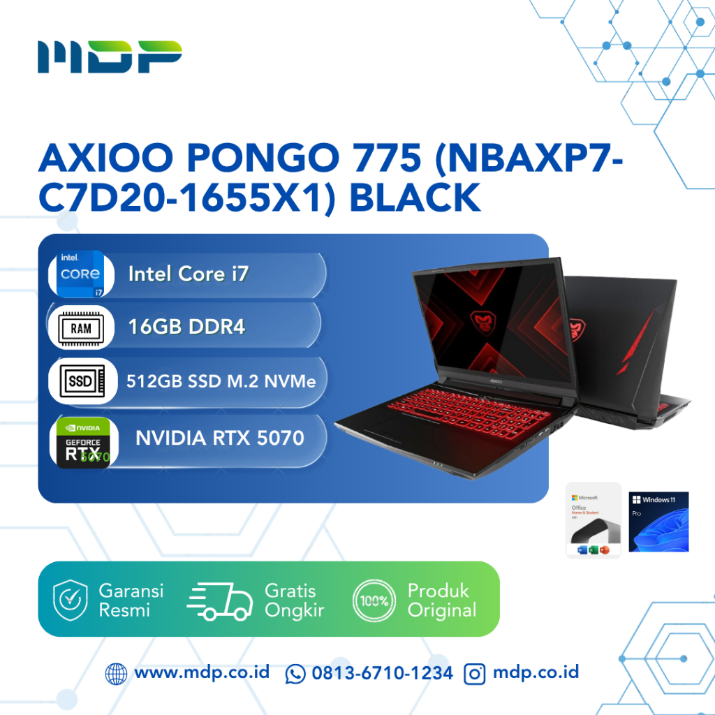 LAPTOP AXIOO PONGO 775 (NBAXP7-C7D20-1655X1) BLACK : INTEL CORE I7-13620H,16GB,512GB SSD,RTX 5070 8G