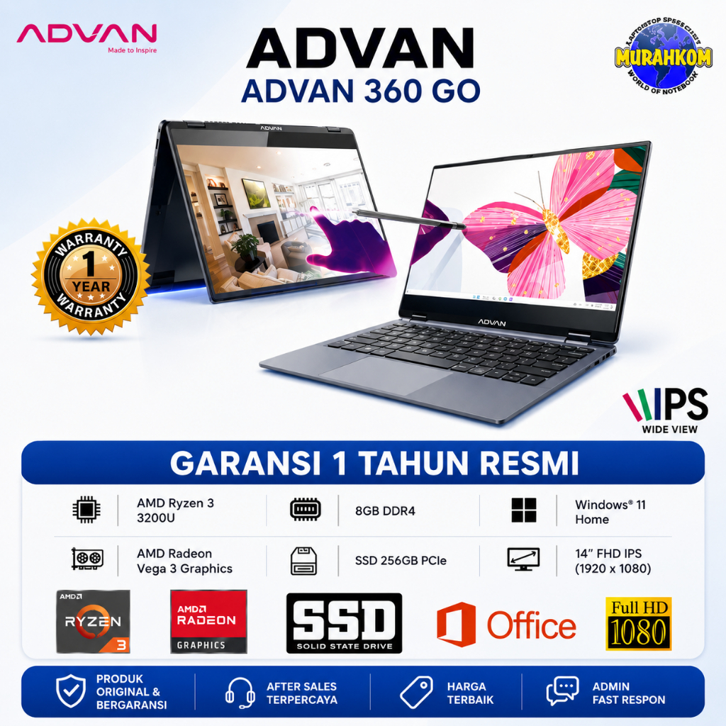 Advan 360 GO AMD Ryzen 3 3200U 8GB SSD 256GB 14FHD IPS Touchscreen Win11