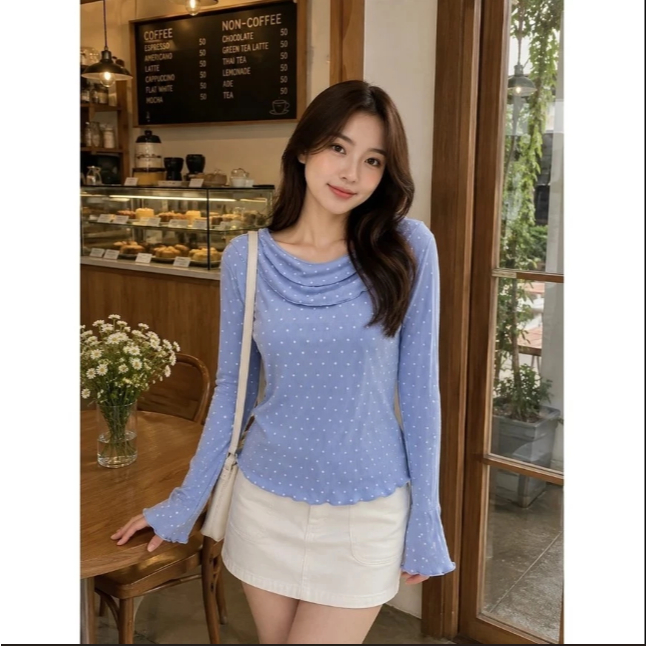 ORTWO FASHION - ZER BLOUSE AMELIA POLKA LENGAN PANJANG BASIC KEKINIAN BAJU SANTAI HARIAN WANITA OUTF