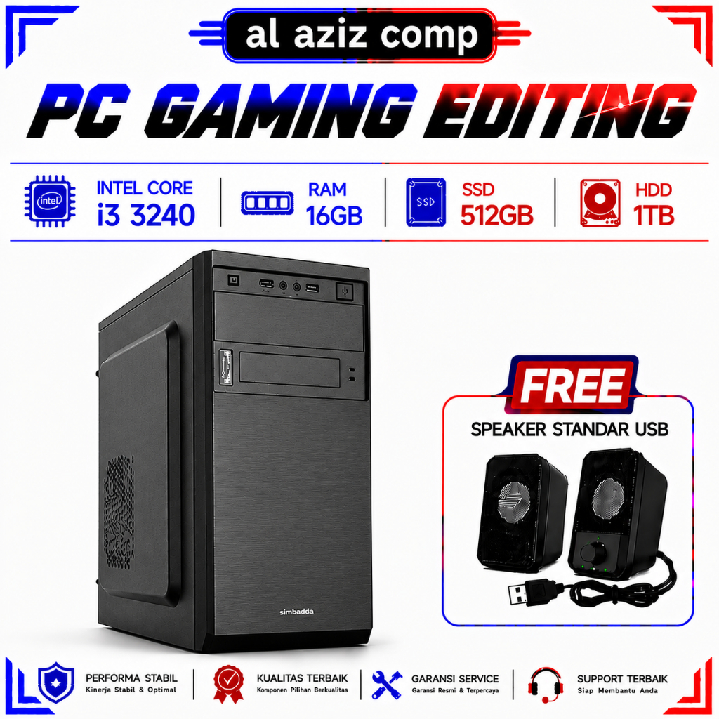 PC Rakitan Intel Core I3 3240 RAM 16GB SSD 512GB HDD 1TB Murah Bergaransi