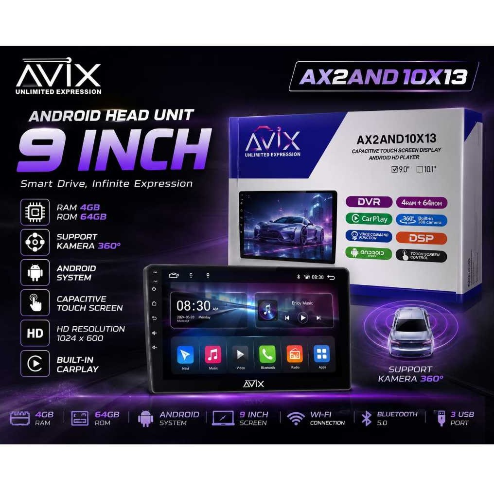 Head Unit Android AVIX AX2AND10X13 9 Inch RAM 4/64GB Support Kamera 360° CarPlay DSP