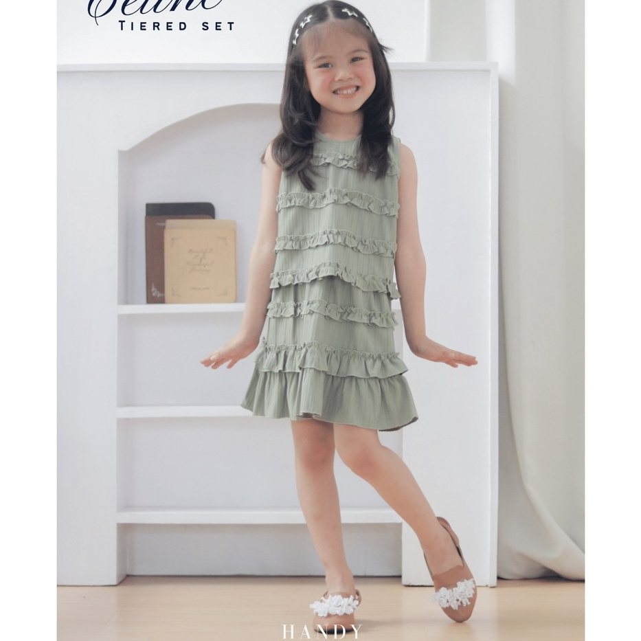 Celine Tiered Knit Set Anak Perempuan Baju Terusan Korean Style Dress Rempel Susun Tanpa Lengan Sage