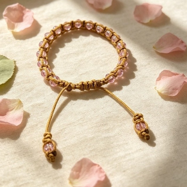 Gelang Estetik Tali Emas & Kristal Merah Muda