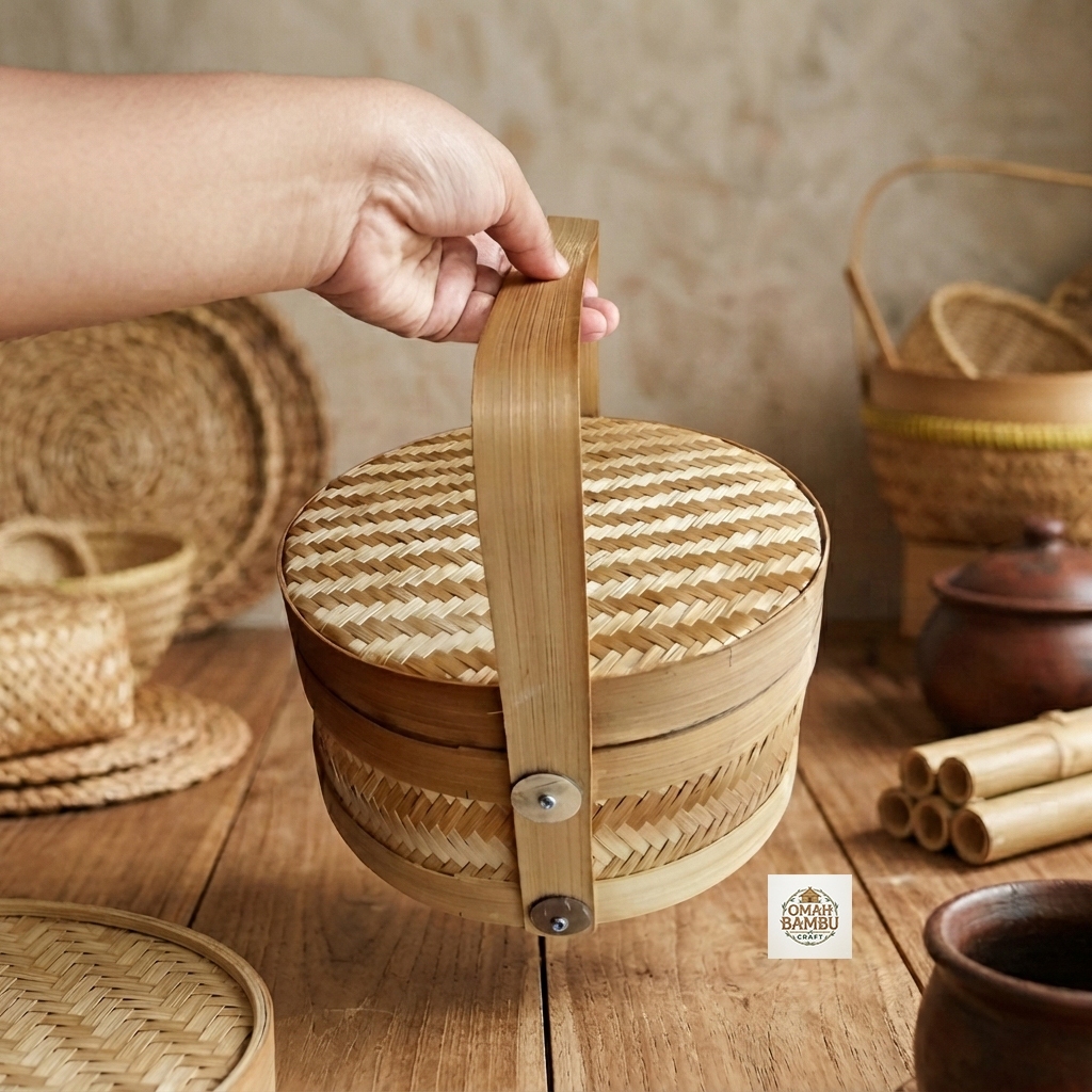 Tas Anyaman Bambu Bulat Pegangan / Besek Bulat Keranjang Estetik / Rantang Bambu Single