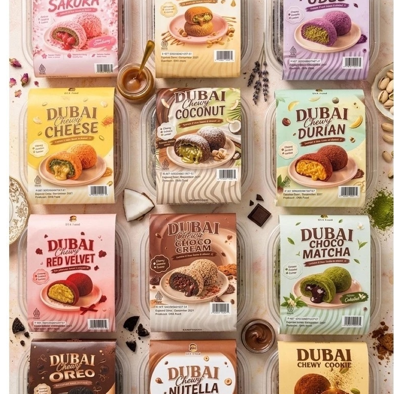 Dubai Chew Cookie kunafa glaze pistachio halal pirt Exp date panjang Marshmallow susu bubuk coklat p