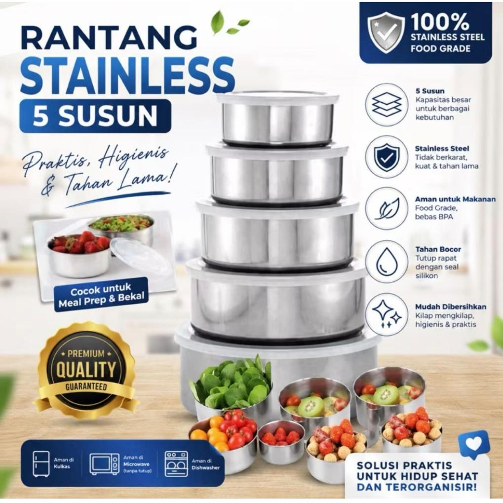 RANTANG STAINLESS ISI 5 / RANTANG SUSUN STAINLESS / RANTANG STAINLESS TAHAN PANAS
