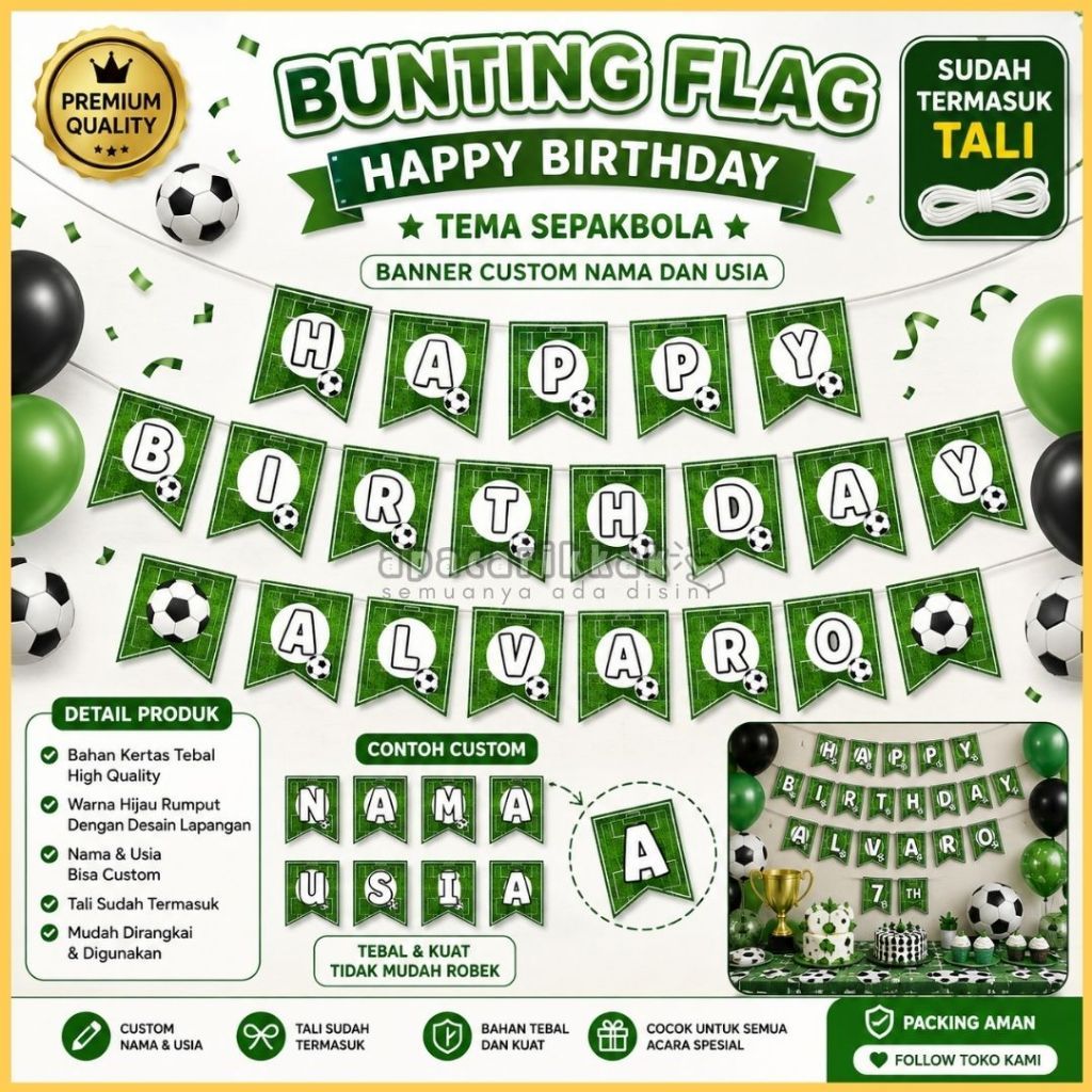 Banner Bunting Flag Happy Birthday Karakter Bola Kaki /Banner Custom Huruf dan Angka