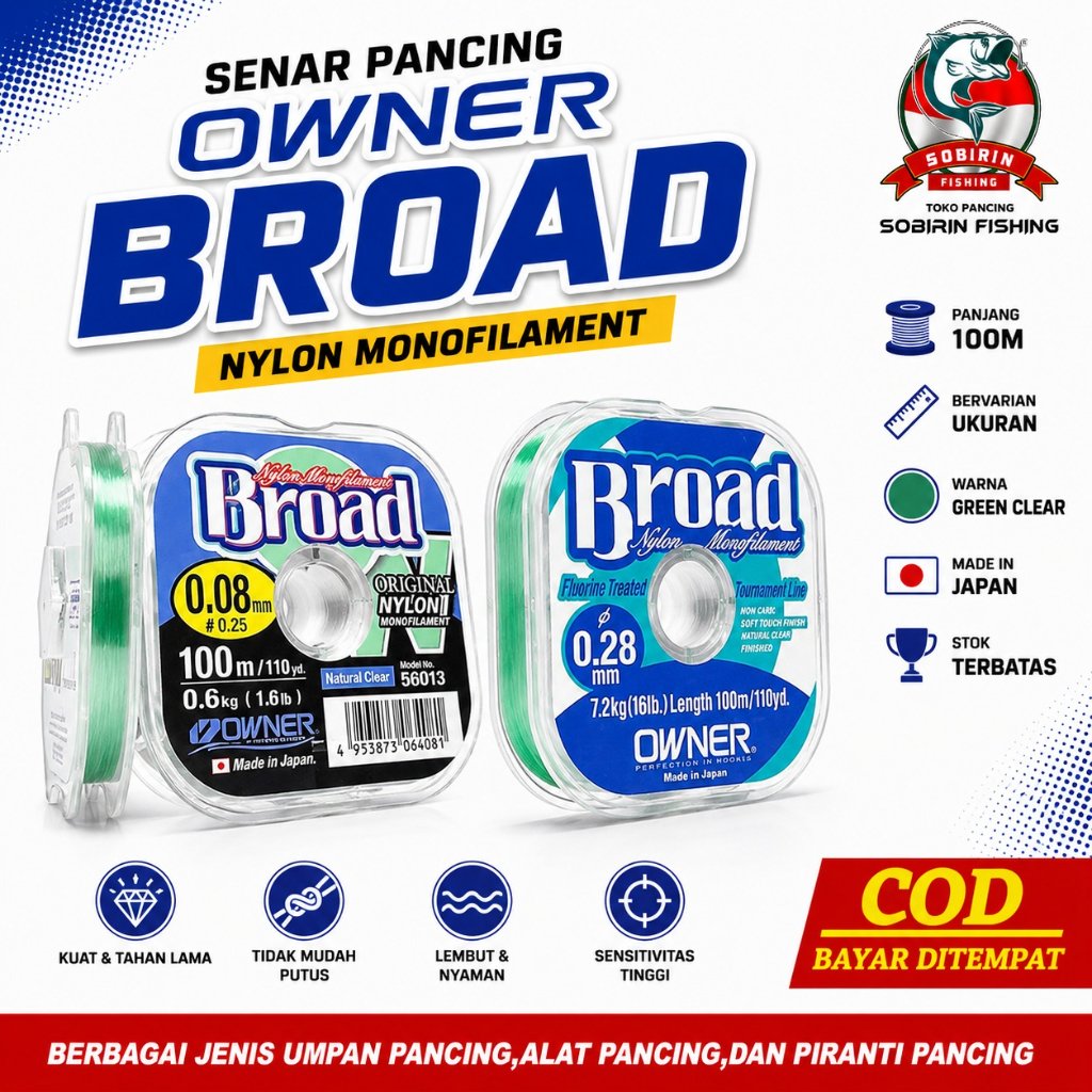 Senar pancing OWNER BROAD 100M Monofilament Jepang | Senar Owner Broad Bervarian Ukuran