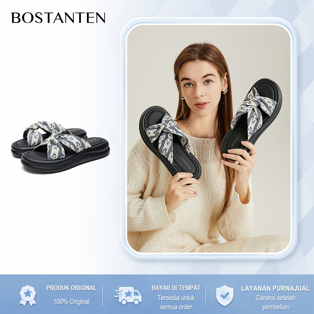 BOSTANTEN Flat Sandal EVA Slide Wanita Tebal Platform Cross Strap Korean Print Fashion Empuk Nyaman
