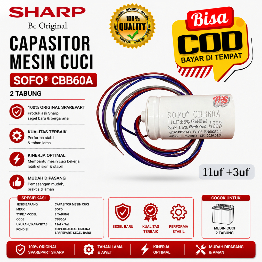 KAPASITOR CAPACITOR MESIN CUCI SOFO CBB60A 11UF + 3UF 2 TABUNG KAPASITOR GANDA 100% ORIGINAL SEGEL B