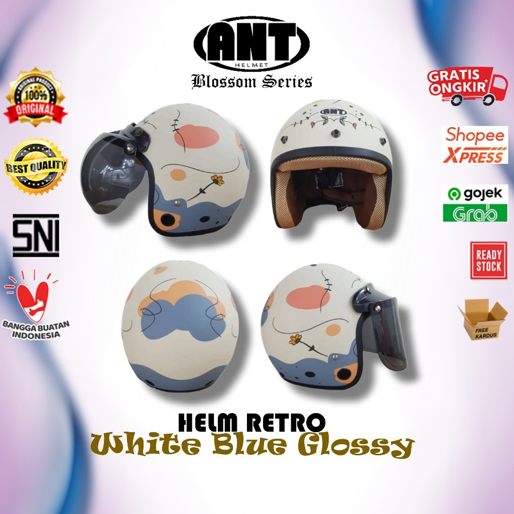 Helm Bogo Retro ANT Blossom Blue + Kaca Helm