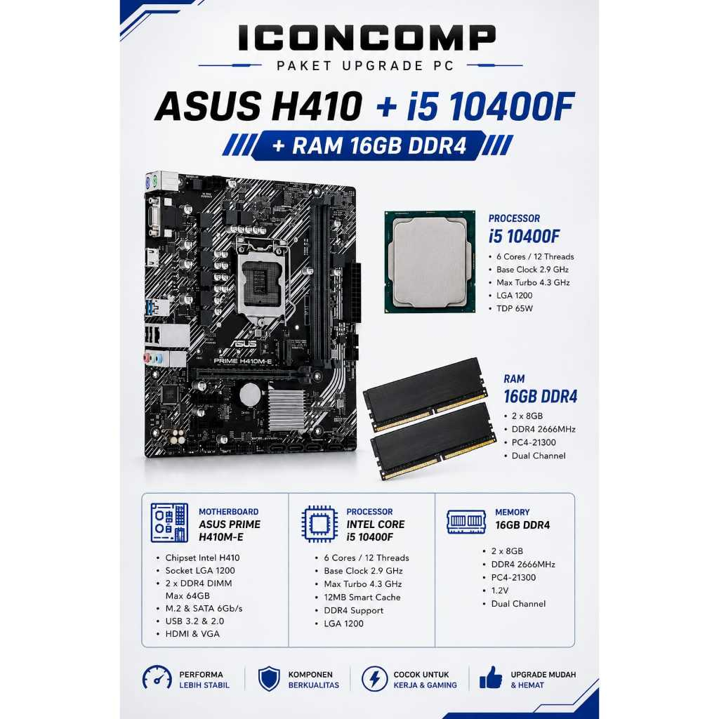 PAKET MOBO ASUS H410 + i5 10400F + RAM 16GB