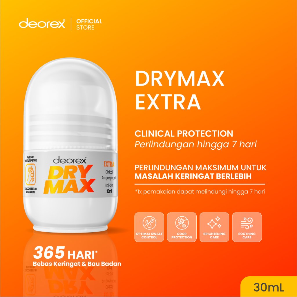 Deorex DryMax Extra Clinical Antiperspirant Deodorant Whitening Brightening Roll on 30ml Solusi Keri