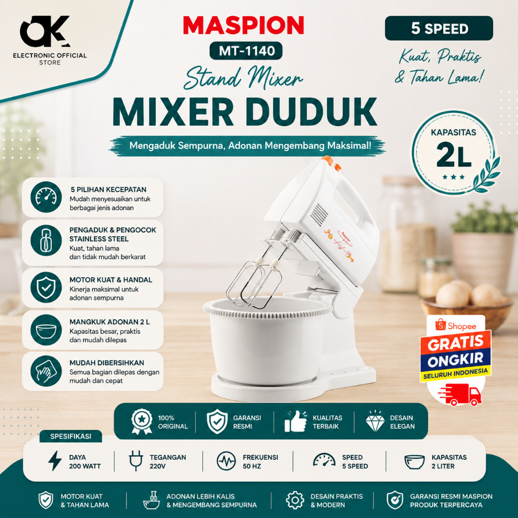 MASPION STAND MIXER MT 1140 MIXER/MT1140/MT-1140/MIXER DUDUK/MIXER ORIGINAL MASPION/GARANSI RESMI