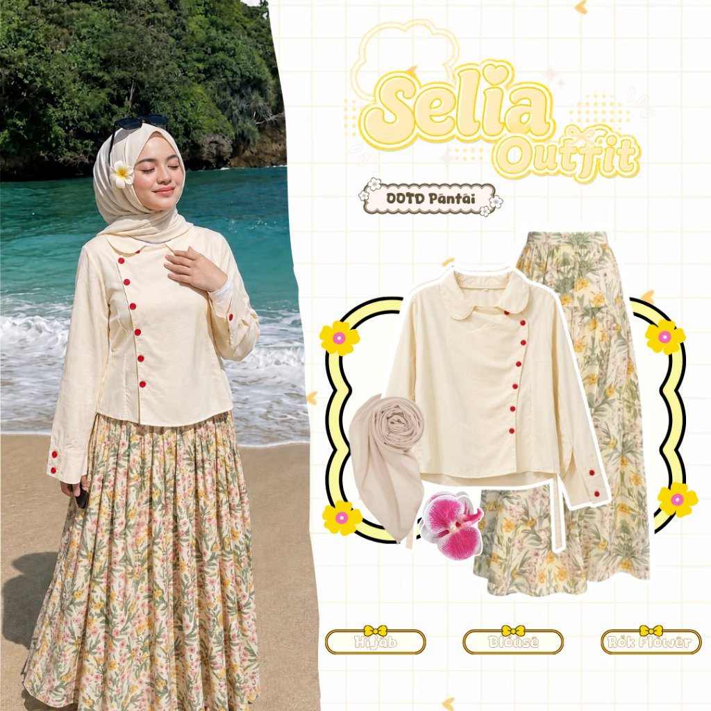 One Set Wanita Kekinian Outfit Pantai (Blouse + Rok Flowers+ Hijab ) OOTD Pantai Hijab Kekinian Outf