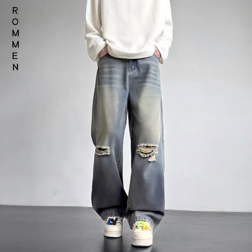 ROMMEN Celana Jeans Pria - Jeans Sobek - Jeans Longgar Model Kaki Lebar Gaya Korea