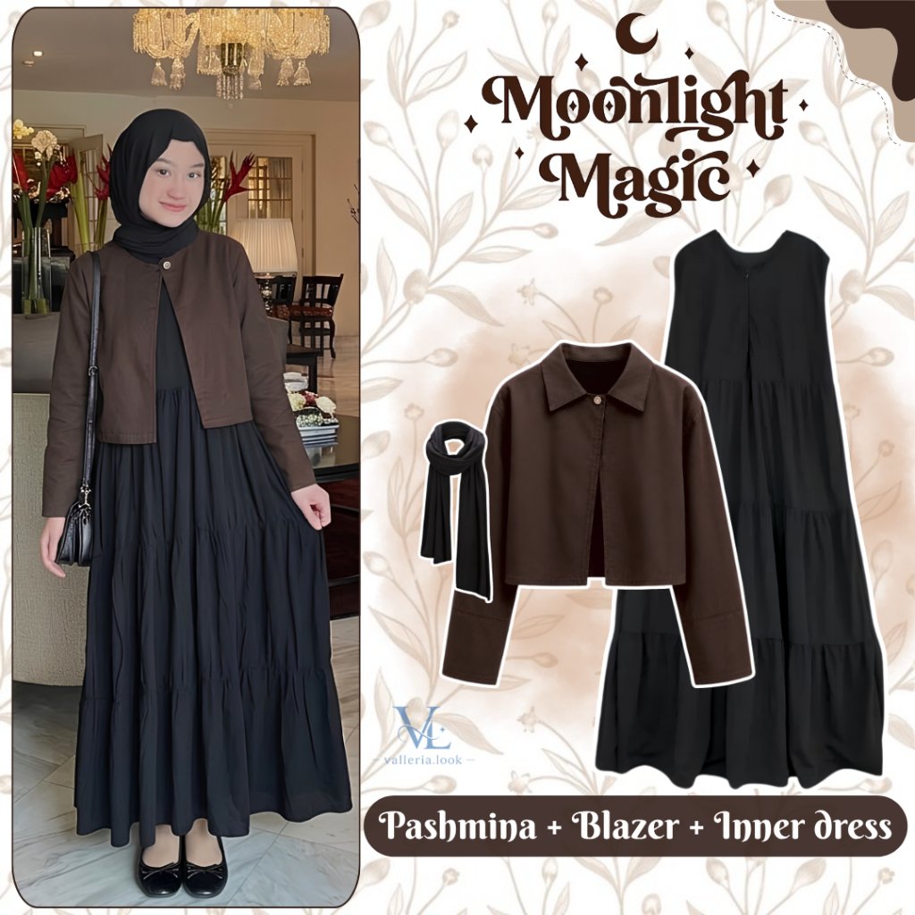 OOTD Hijab Kekinian 3in1 Casual Formal | Zora Blazer Mahoghany Semiwoll Premium + Inner Dress Hitam 