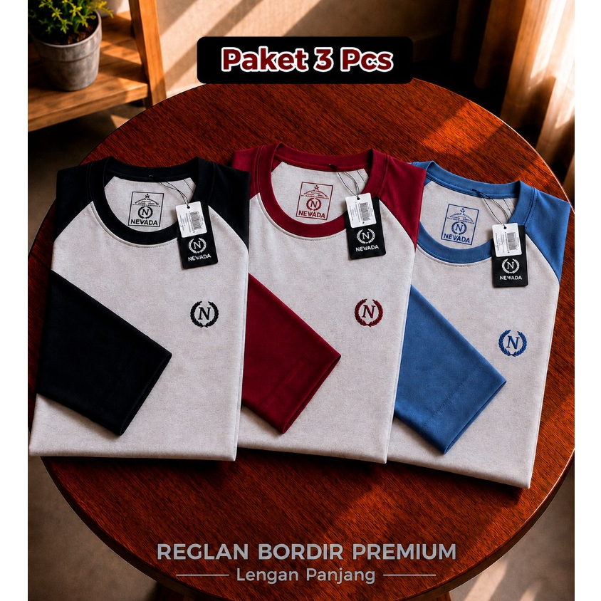 Kaos Reglan Pria Lengan Panjang | Kaos Bordir Casual Pria | Paket 3 Pcs